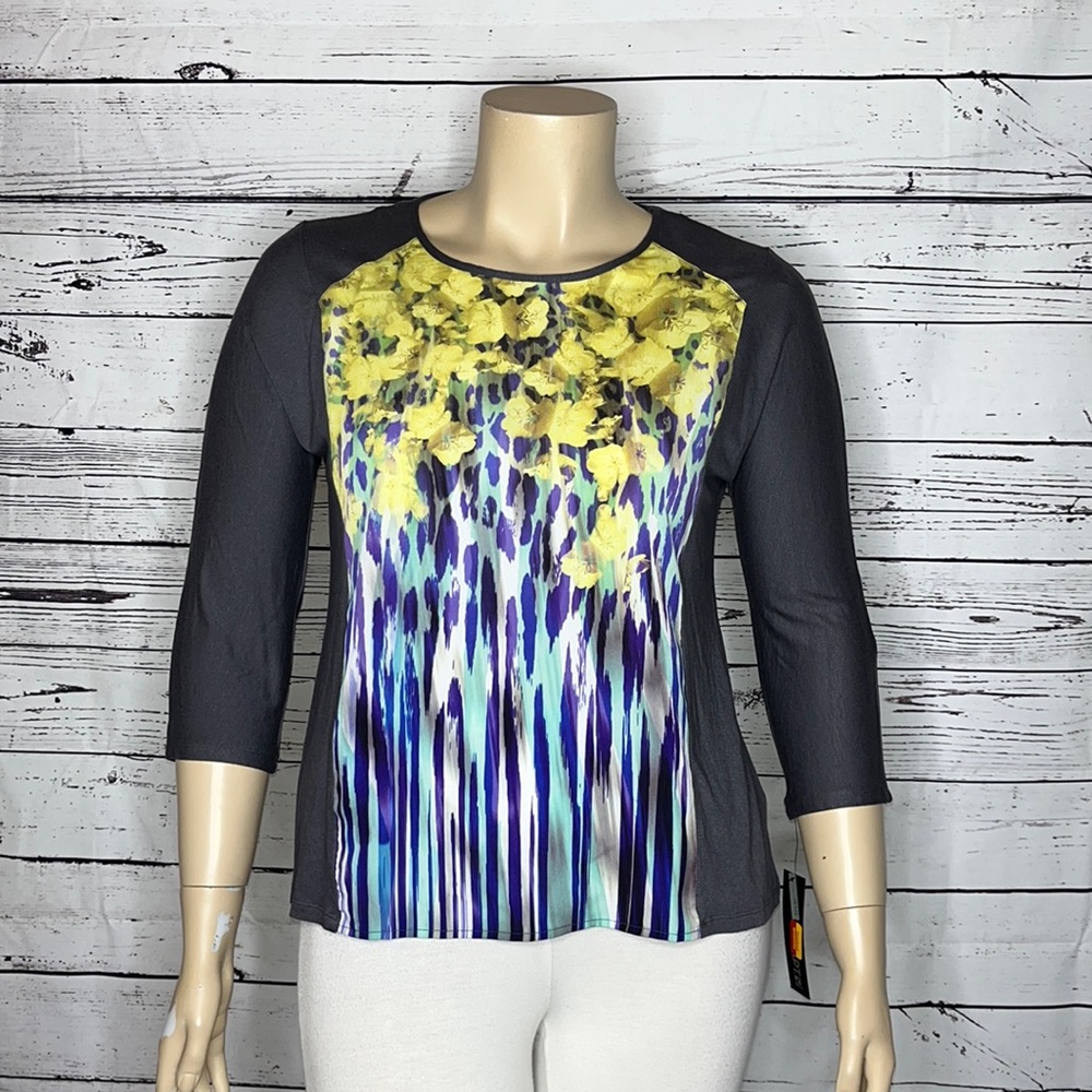 Apt. 9 Petite NWT Size PXL Gray - Floral/Animal Print Mixed Media Woven Knit Top